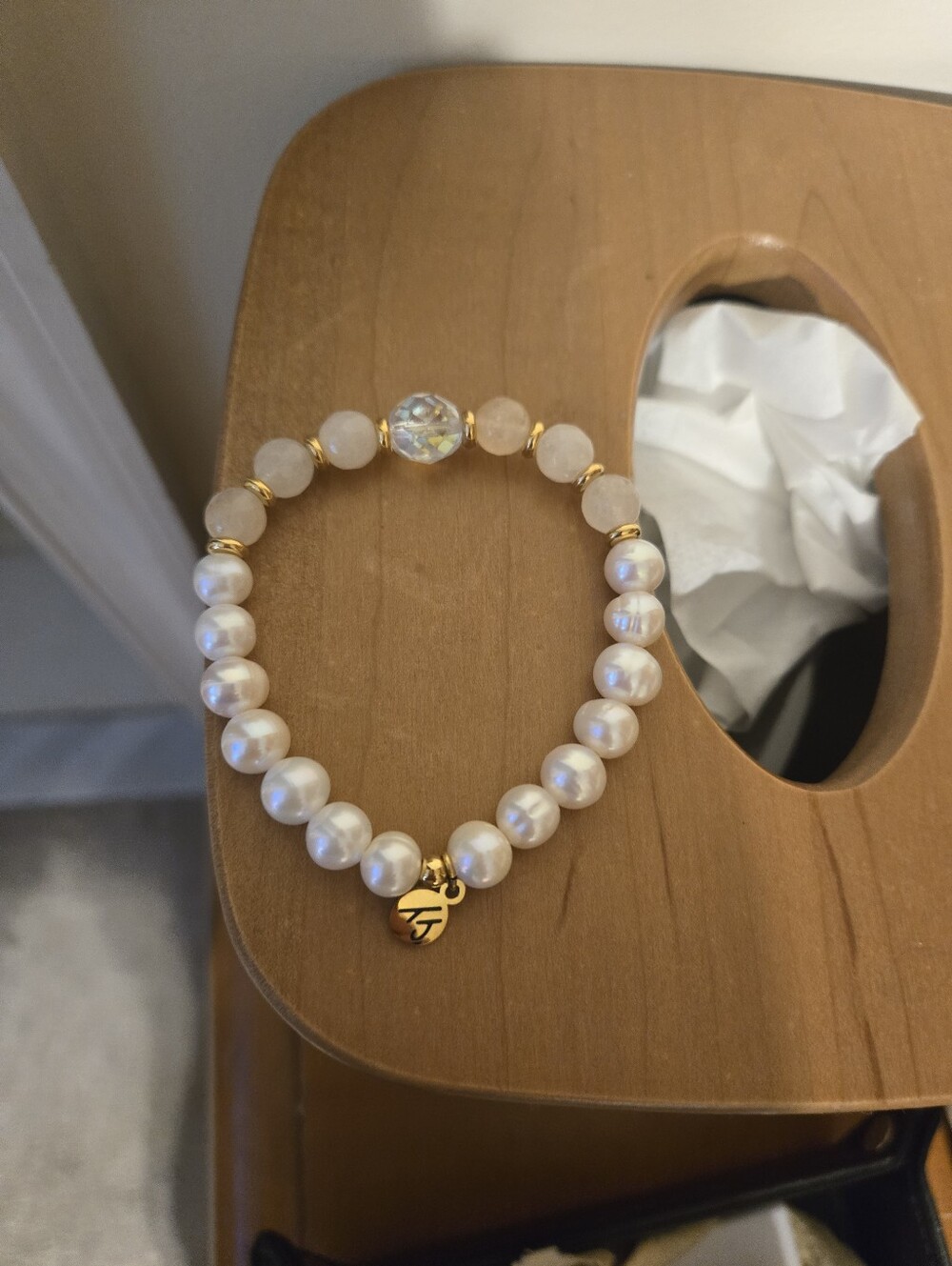 Tjazelle Limited Edition Pearl and Gold Bead Stretch Bracelet With Pink Beads.